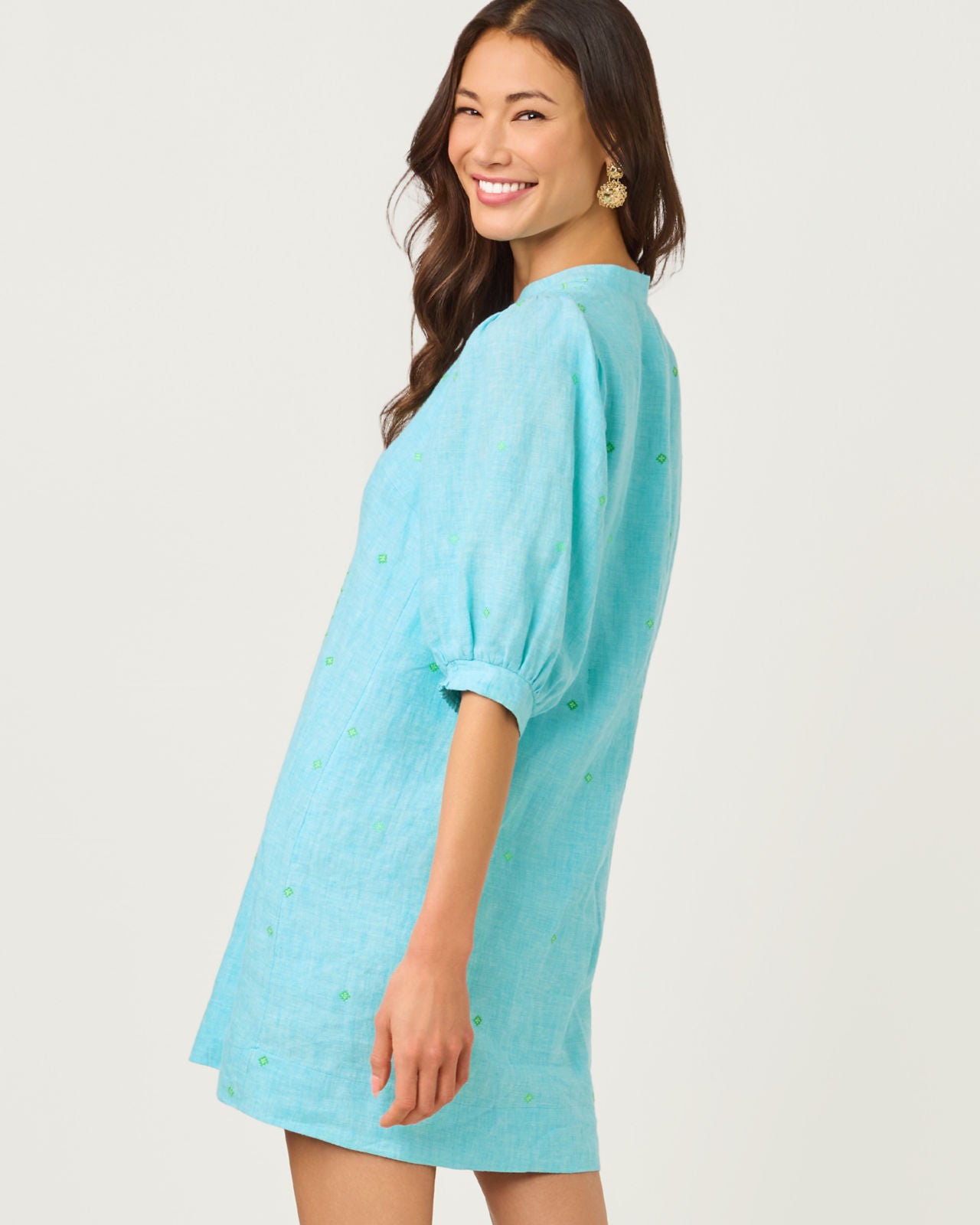 Mialeigh Elbow Sleeve Linen Dresss Capri Blue X Resort White