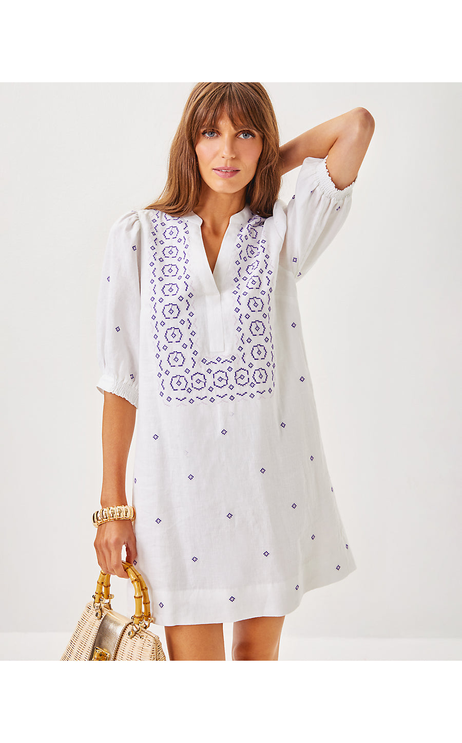 MIALEIGH ELBOW SLEEVE LINEN DRESS - WATER HYACINTH - GEO CRISS CROSS EMBROIDERY