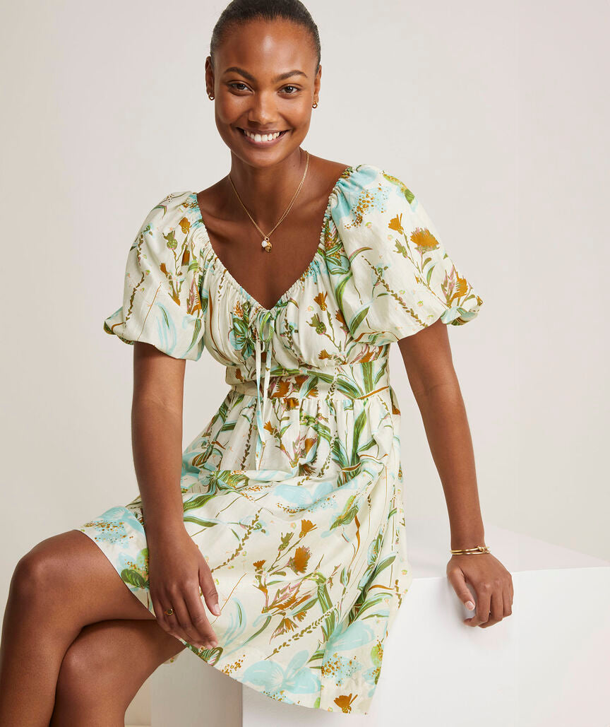 Sweetheart Puff-Sleeve Dress - Wild Floral - Stone