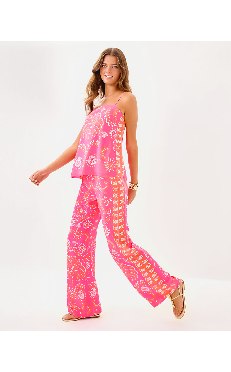 VIANNA SILK PALAZZO - SUNKISSED PINK - BREEZY PALM ENGINEERED PANT