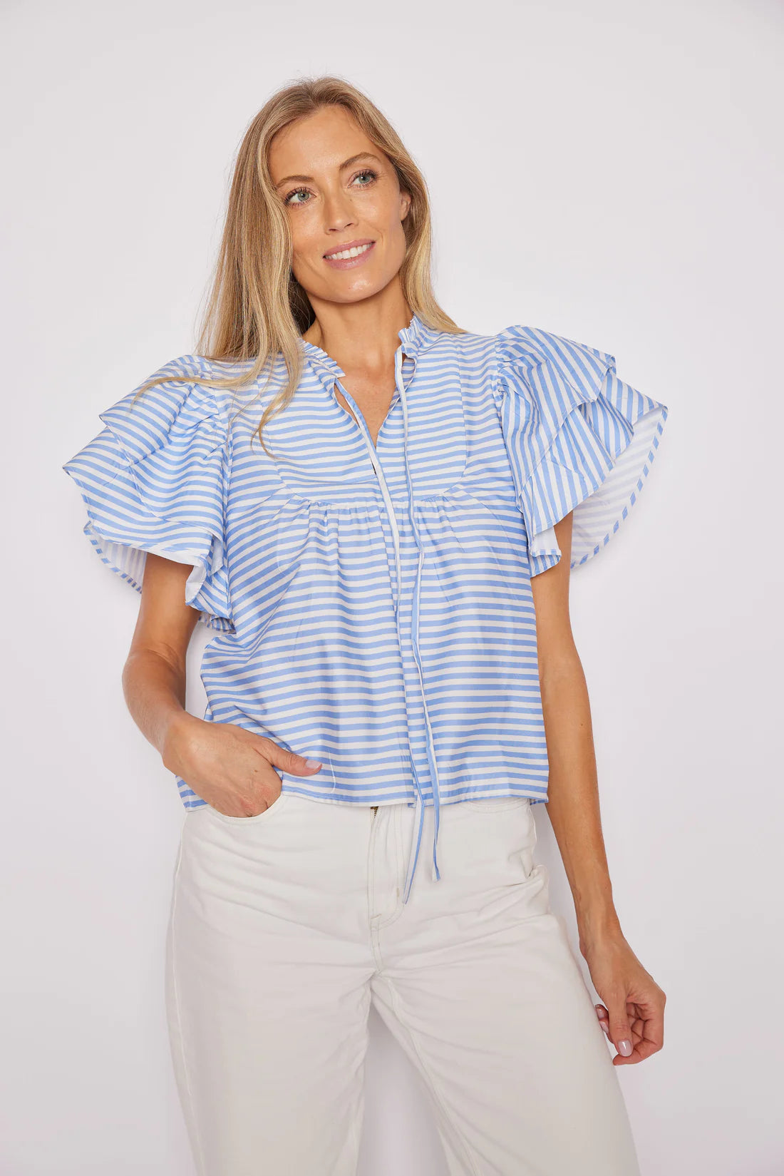 Blue & White Stripe Ruffle Sleeve Top