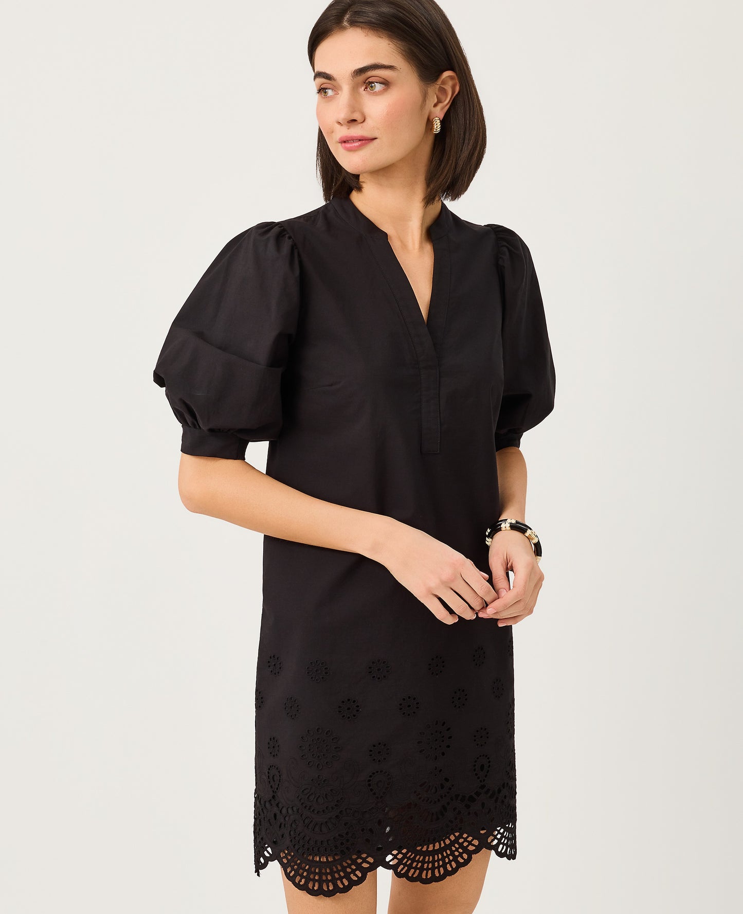 MIALEIGH ELBOW SLEEVE DRE-NOIR-SCALLOPED EYELET BORDER POPLIN