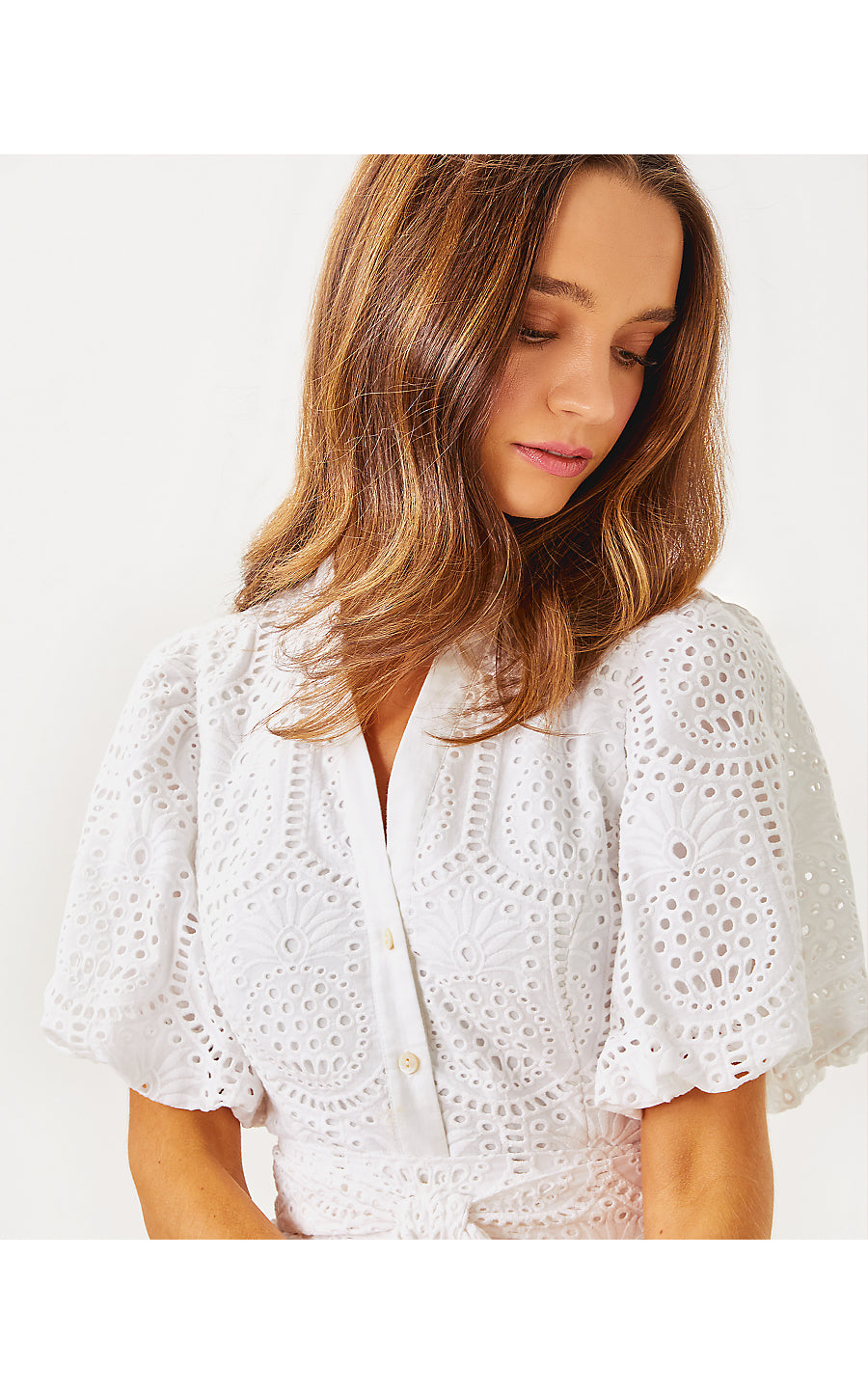 XYLIA DRESS - RESORT WHITE - PINEAPPLE TILE EYELET