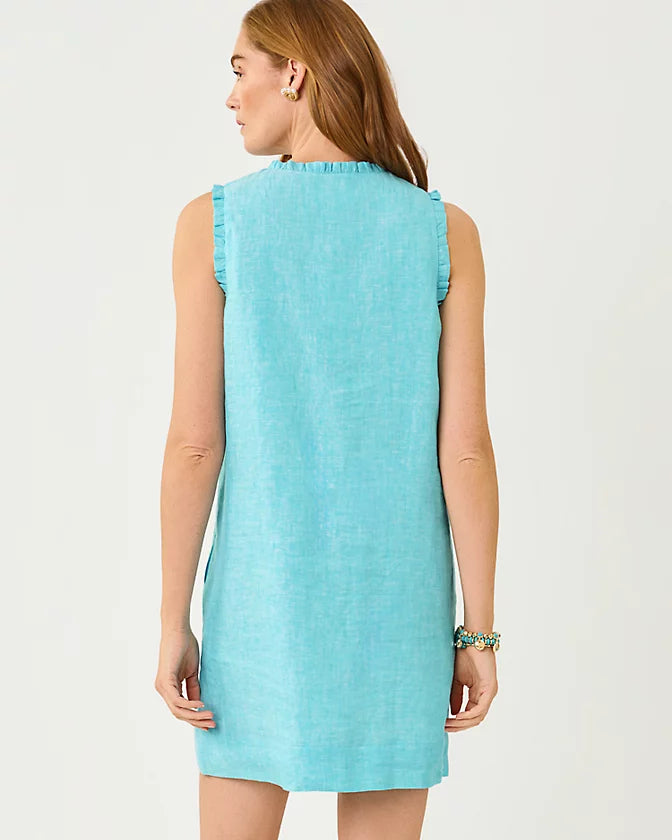 KAVALLA LINEN DRESS - CAPRI BLUE X RESORT WHITE