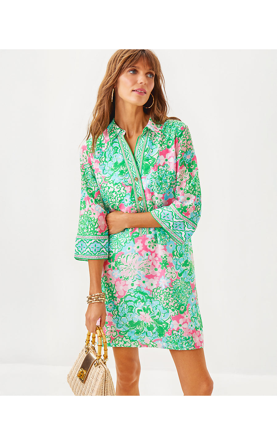 DAPHNIE TUNIC DRESS - MULTI - PLUMES IN BLOOM ENGINEERED WOVEN DRESS