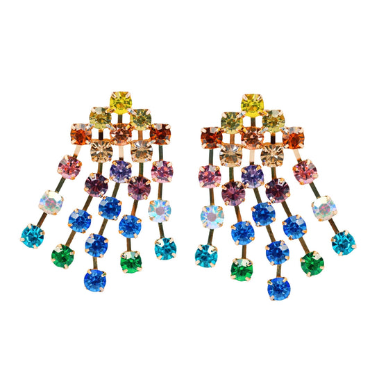 Rhinestone Tassel Statement Earrings - Rainbow
