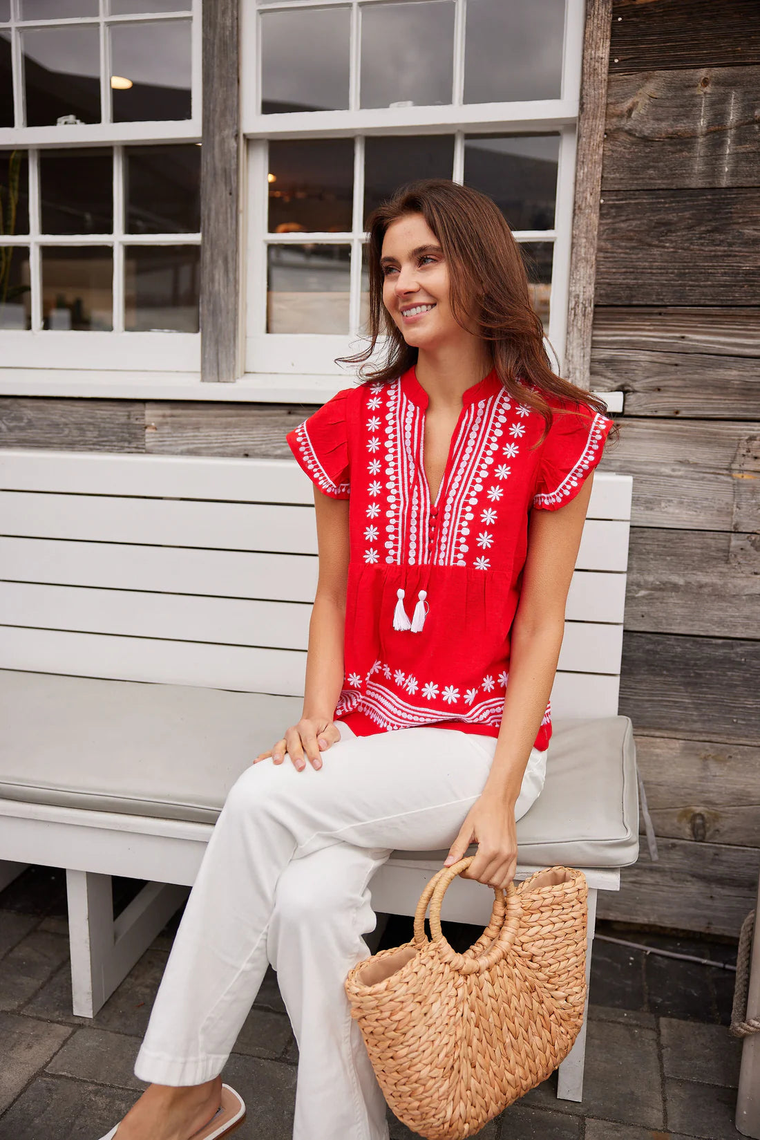 Ruffle Front Top with Tassels - RED