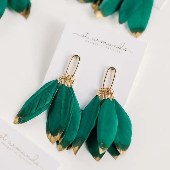 Emerald Gold Dipped Fall Feather Tassel Statement Earrings