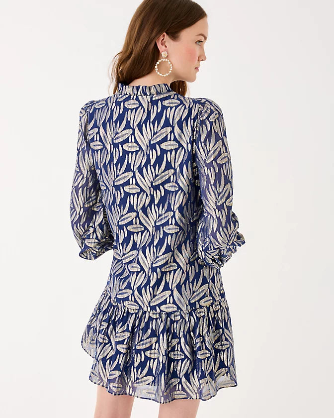 EVALINE SILK DRESS - LOW TIDE NAVY - LEAFY BABE METALLIC SILK CLIP