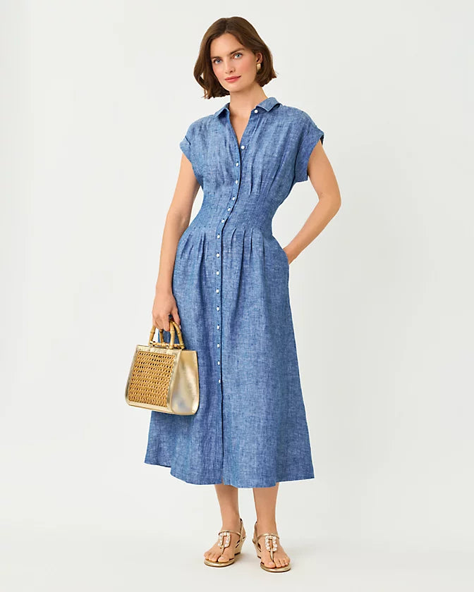 TONYA LINEN MIDI SHIRT DRESS - STARLIGHT NAVY X RESORT WHITE  Pink Bee GVL