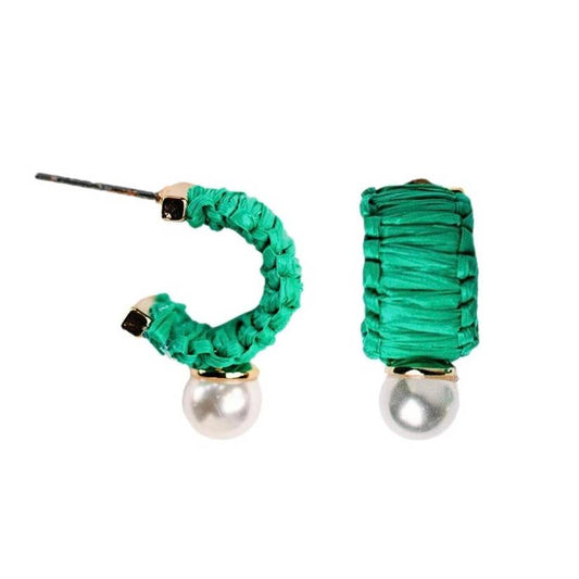 Mini Raffia and Pearl Huggie Hoop - Green