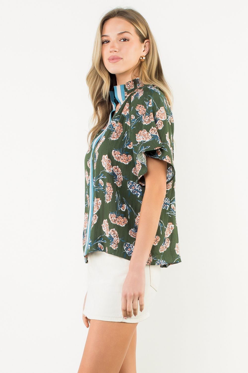 Flower Print Short Sleeve Top - GREEN