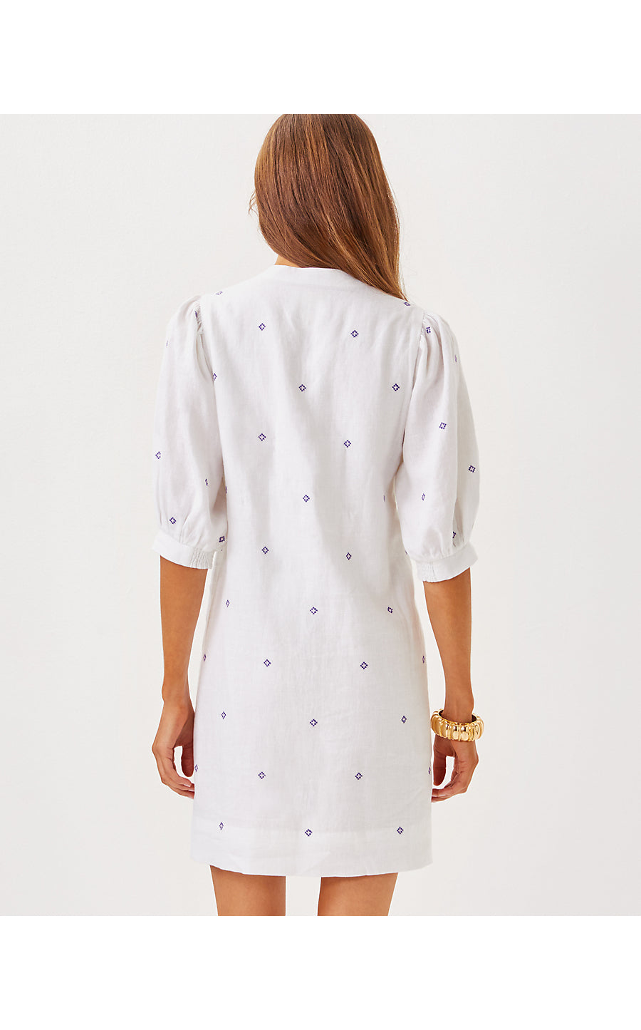 MIALEIGH ELBOW SLEEVE LINEN DRESS - WATER HYACINTH - GEO CRISS CROSS EMBROIDERY