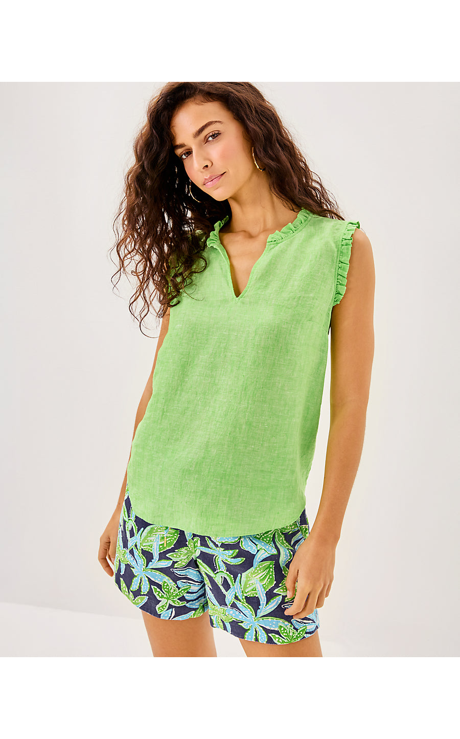 KAVALLA SLEEVELESS RUFFLE - CROCODILE GREEN X RESORT WHITE