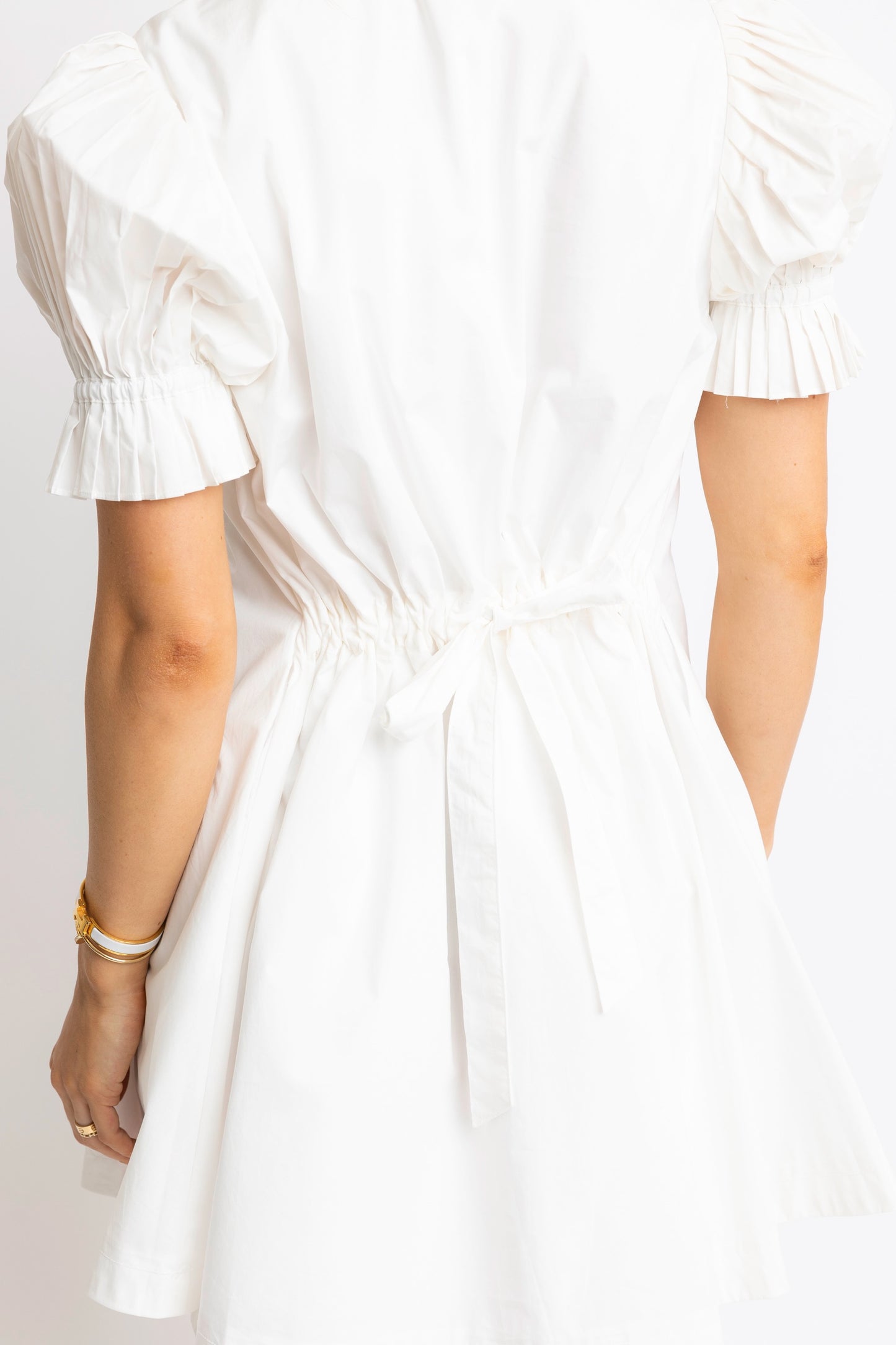 Poplin Ruffle Neck Tie Dress - White