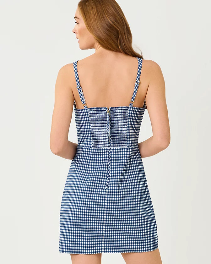 VEDA SKIRTED ROMPER-STARLIGHT NAVY-GINGHAM STRETCH JACQUARD
