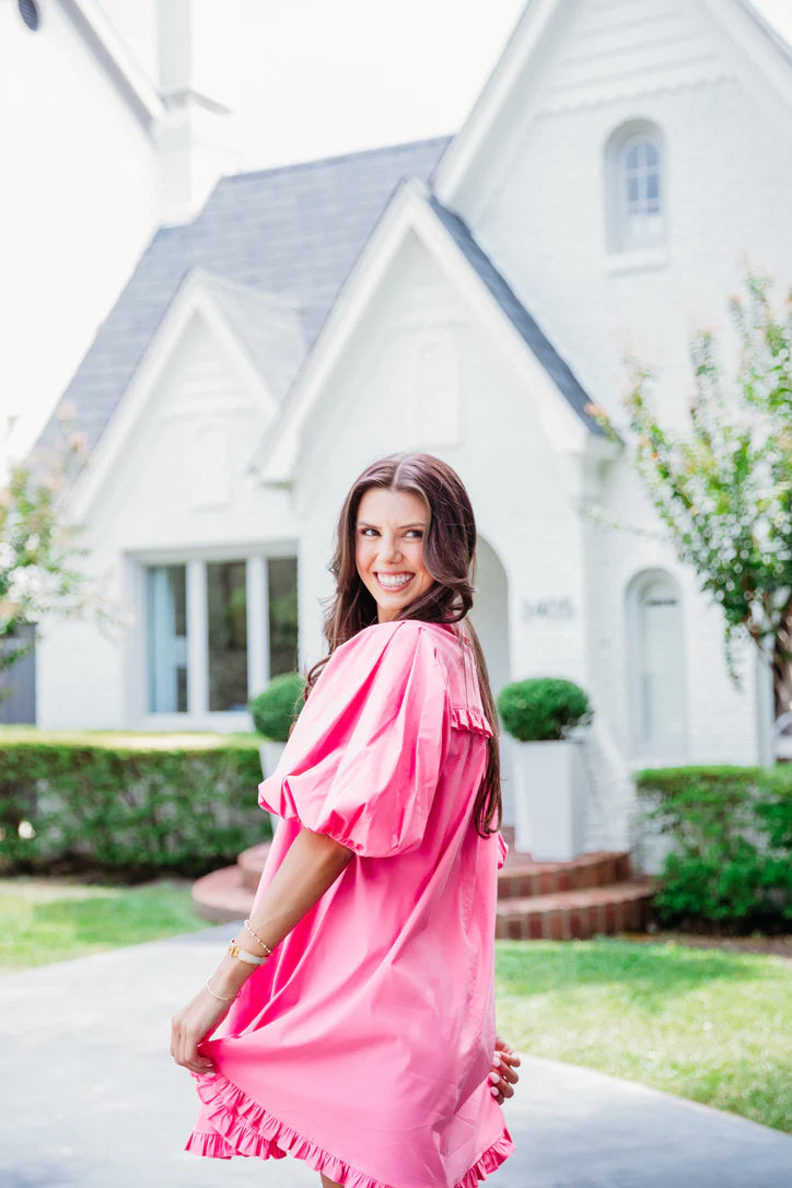 Solid Puff Sleeve Ruffle Pocket Dress