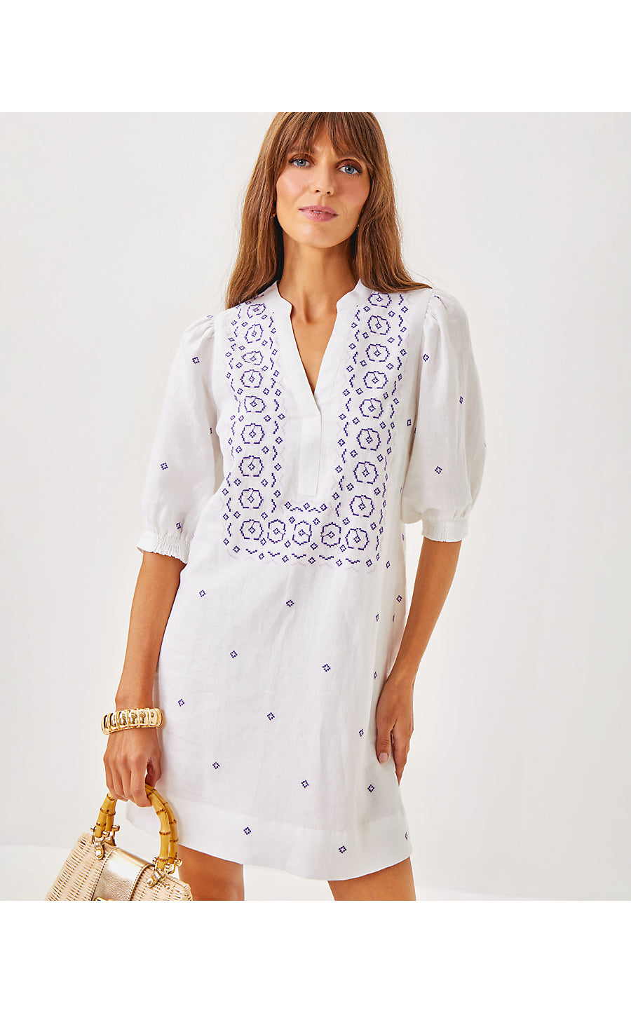 MIALEIGH ELBOW SLEEVE LINEN DRESS - WATER HYACINTH - GEO CRISS CROSS EMBROIDERY