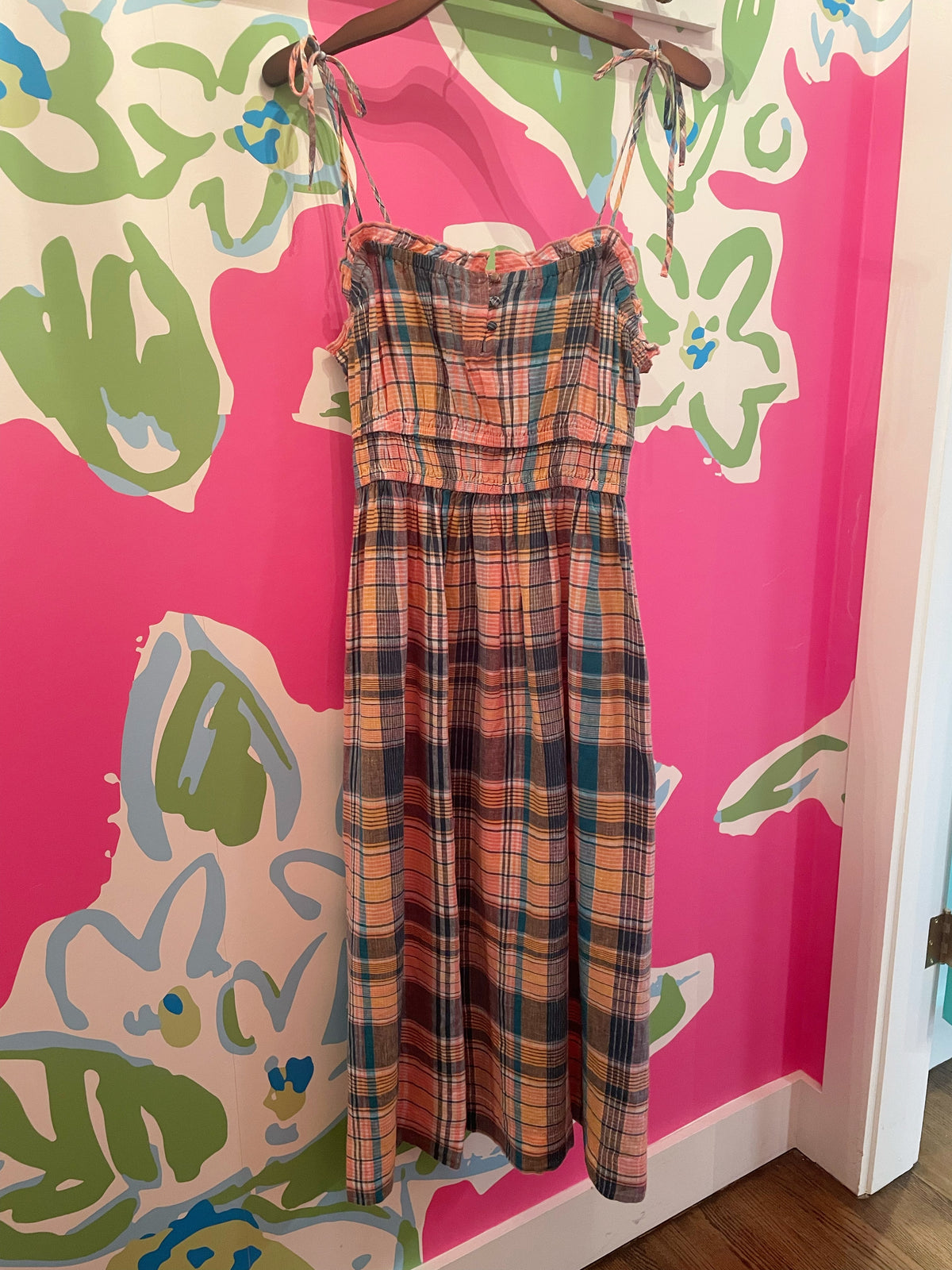Strappy Linen Midi -Plaid Mallard Blue