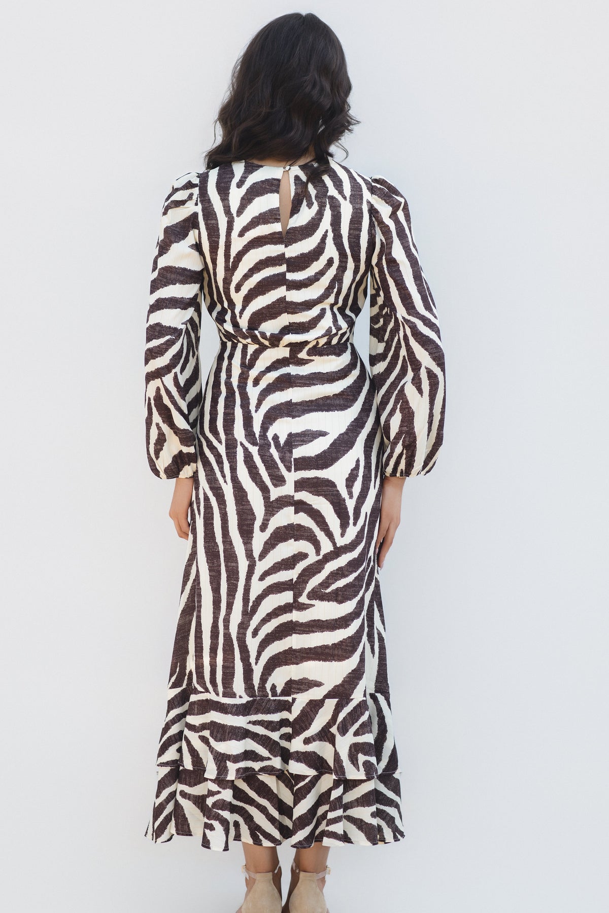 Zebra Print Ruffle Hem Maxi Dress