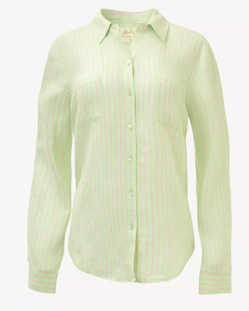 SEA VIEW BUTTON DOWN-PISTACHIO MACARON-X CONCH SHELL PINK SAINT TROPEZ STRIPE