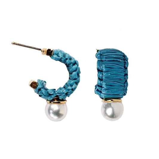 Mini Raffia and Pearl Huggie Hoop - Cornflower Blue