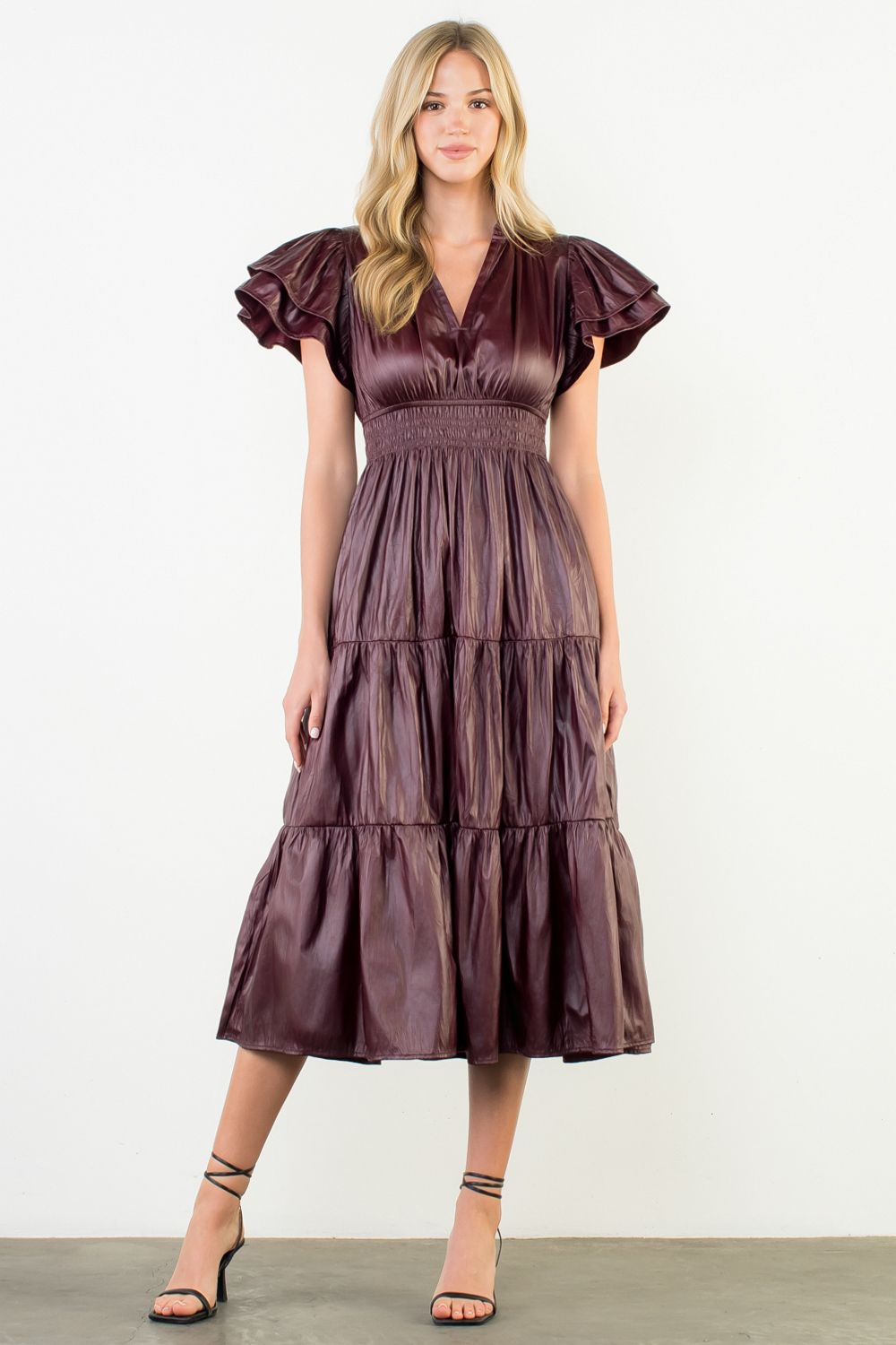 Flutter Sleeve Leather Maxi Dress Pink Bee GVL Flutter Sleeve Leather Maxi Dress Pink Bee GVL