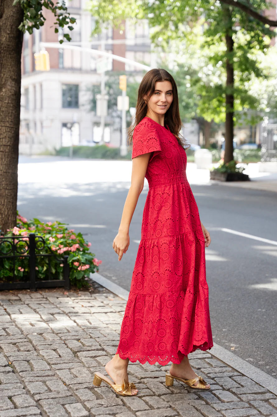 RED EYELET CINCHED WAIST MIDI DRESS