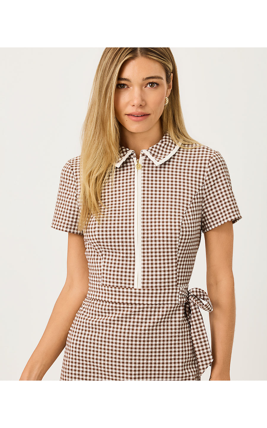 KATHY SHORT SLEEVE TIE DR - COCO BEACH - MINI PERFORMANCE GINGHAM