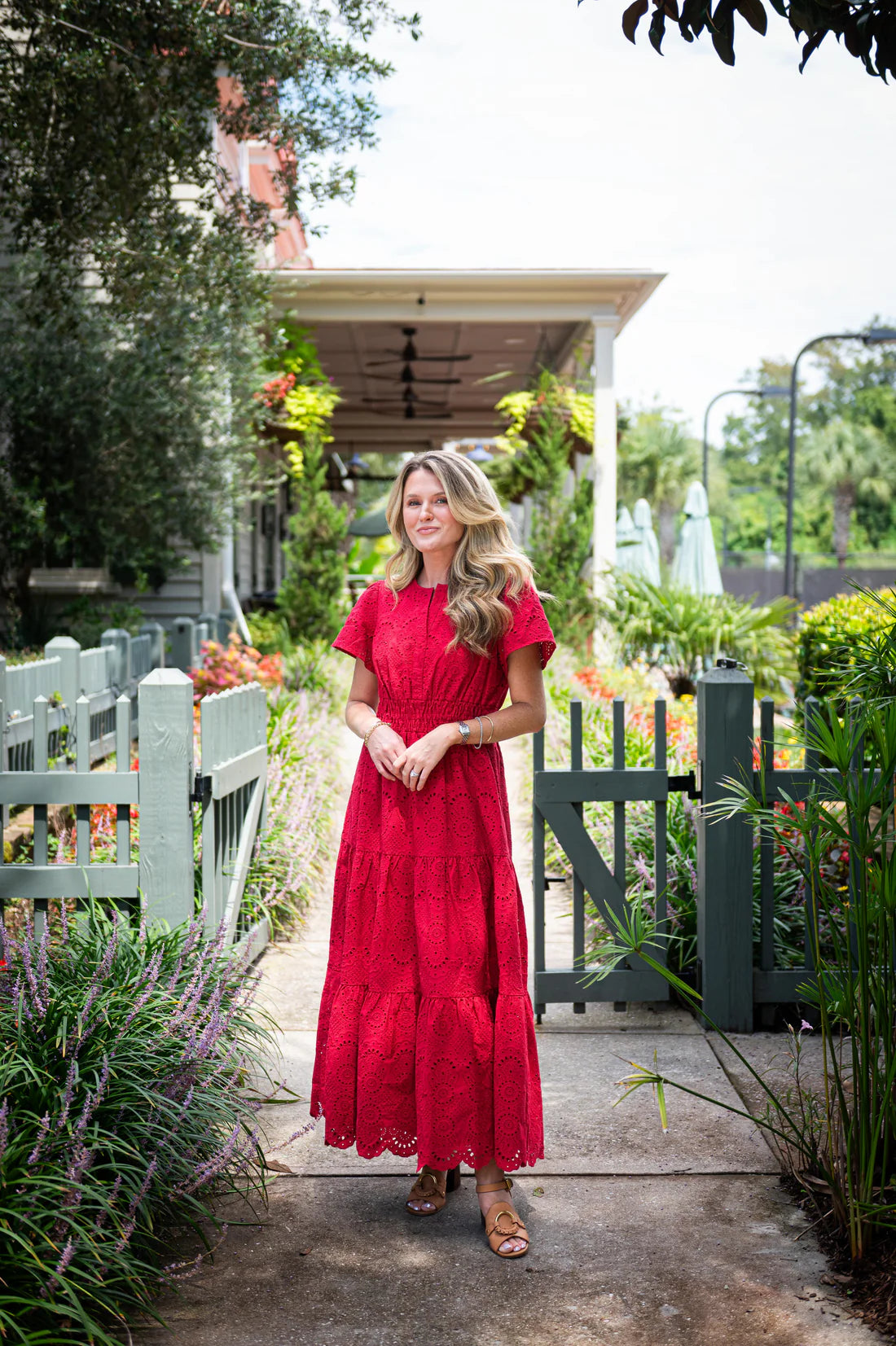 RED EYELET CINCHED WAIST MIDI DRESS