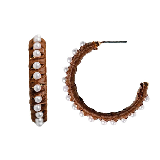 Pearl Raffia Hoop Earrings - DARK BROWN