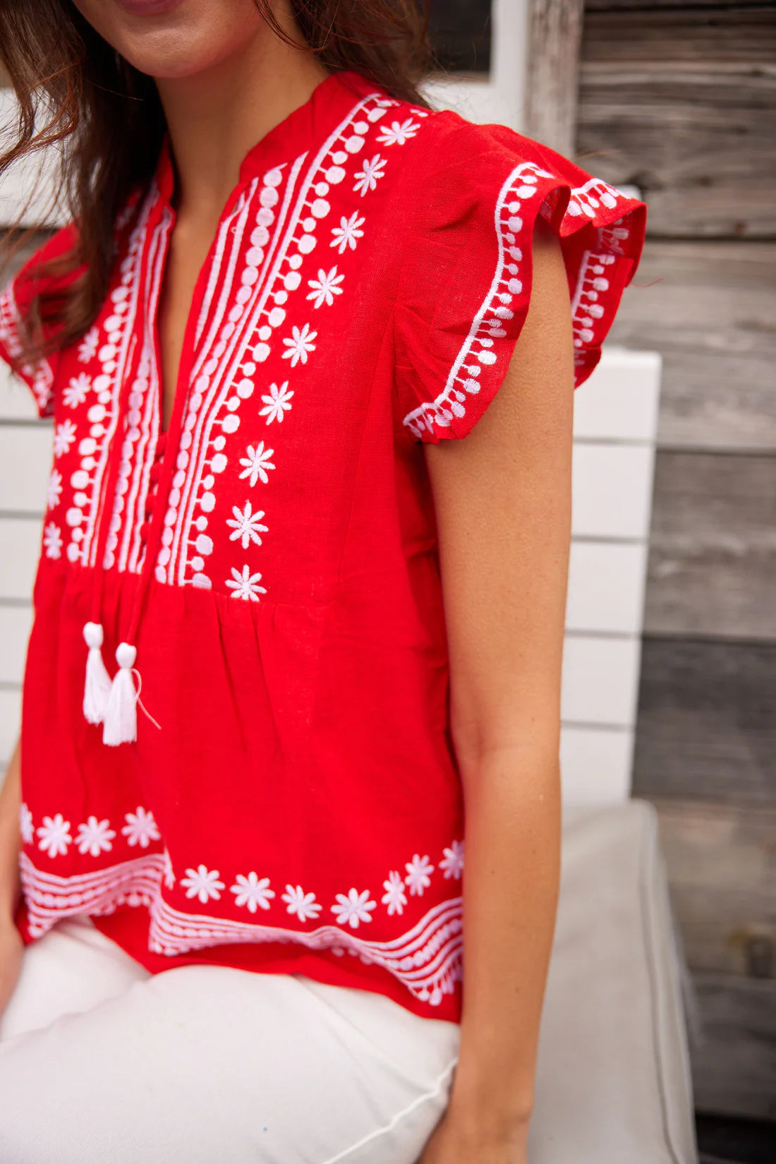 Ruffle Front Top with Tassels - RED