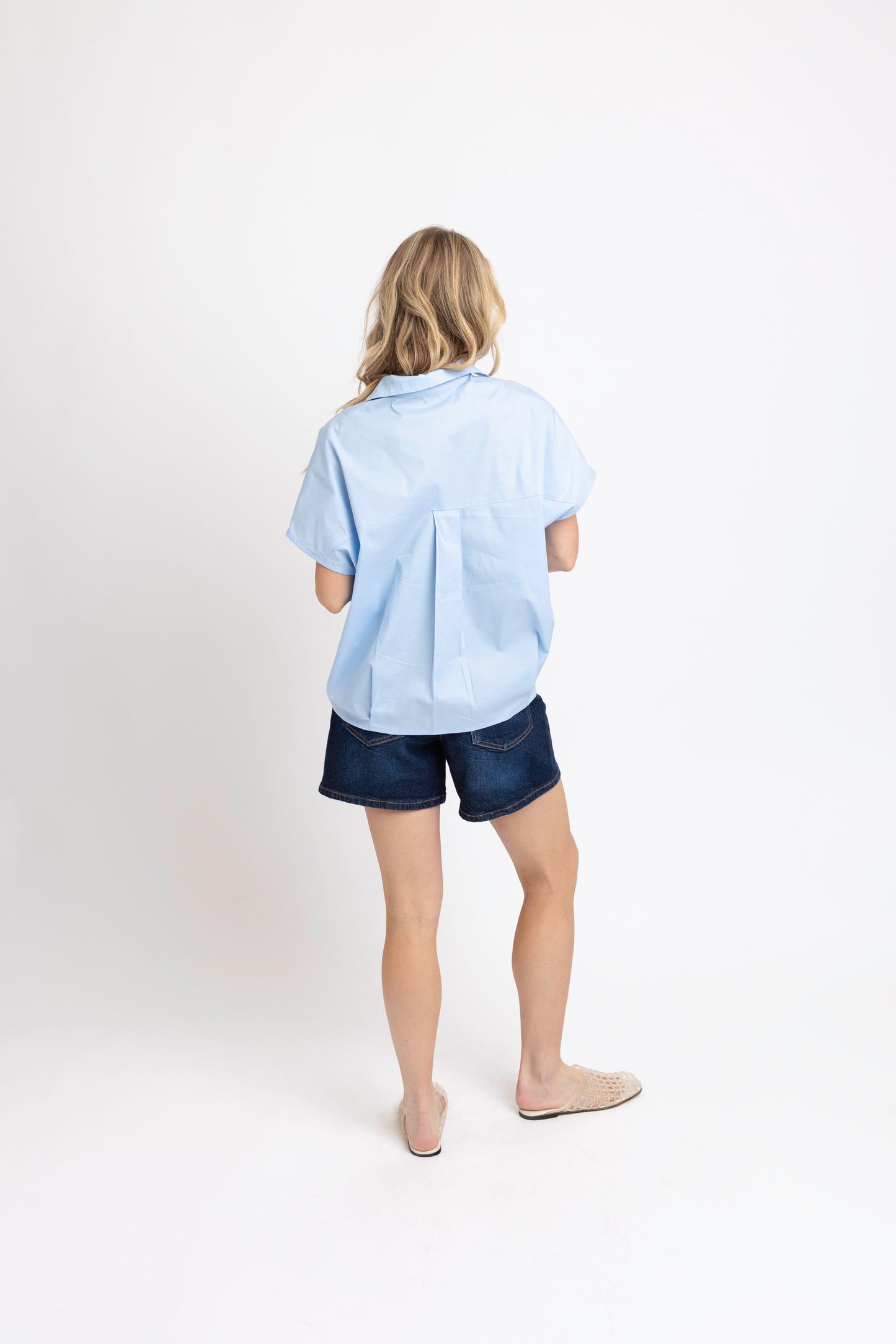 Poplin Collar V-neck Top - Blue