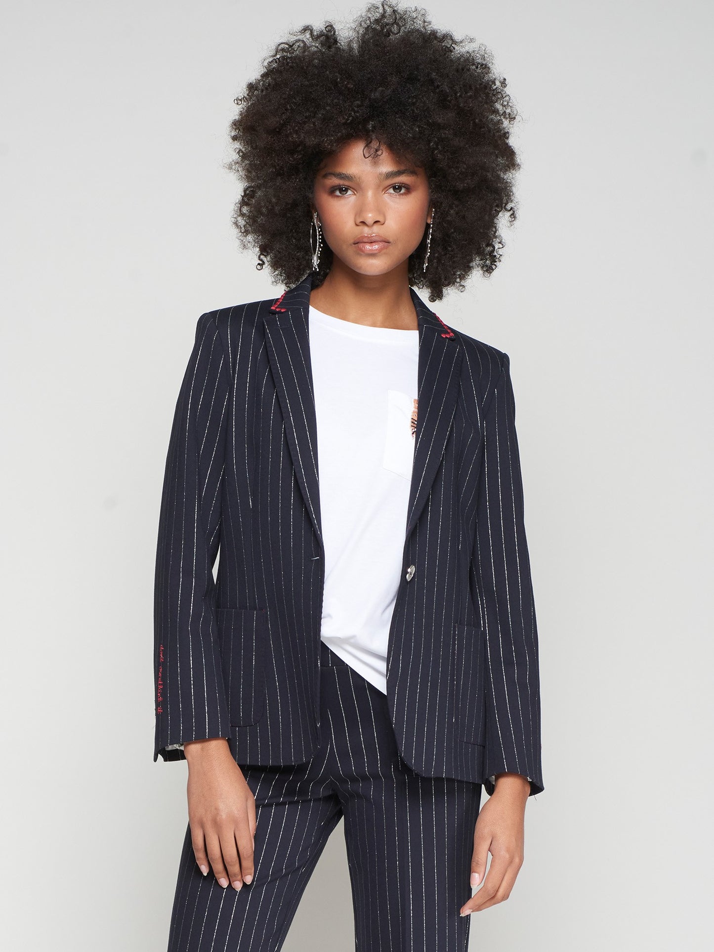 NAVY PINSTRIPE BLAZER WITH EMBROIDERY/JACKET HARLOW EMB AZ MARINO RAYA PLATA