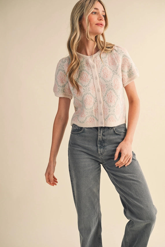 Floral Short Sleeve Sweater Cardigan