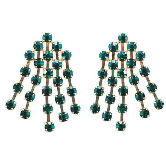 Rhinestone Tassel Statement Earrings - Green