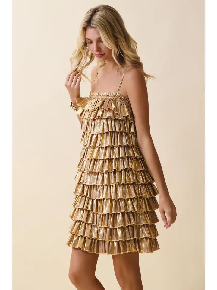 Metallic Layered Ruffle Tiers Pleated Mini Dress - Gold