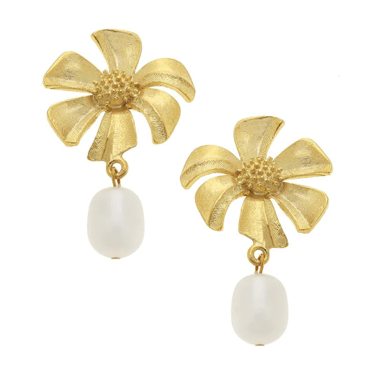 Tropical Flower + Pearl Drop Earrings