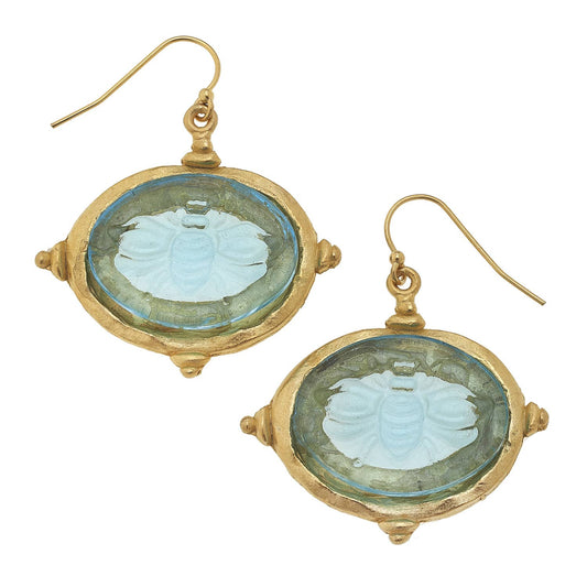 Venetian Glass Bee Intaglio Earrings - AQUA