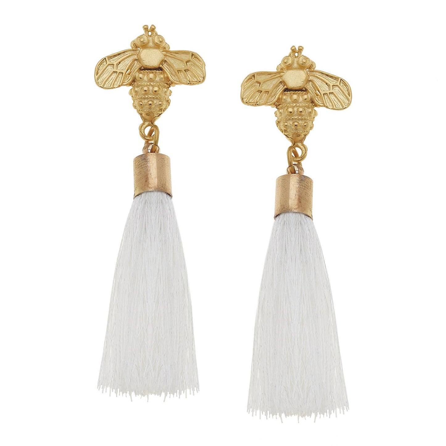 Gold Bee and White Silk Tassel Earrings