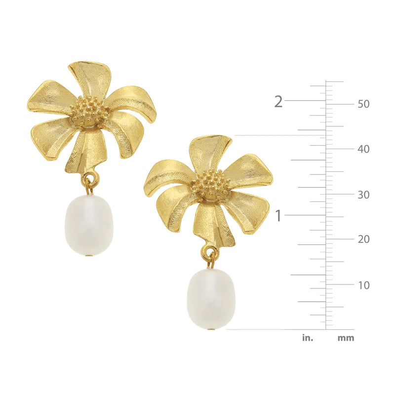 Tropical Flower + Pearl Drop Earrings