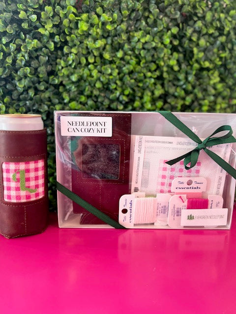 Evergreen Needlepoint Can Cozy Kit - Pink and White