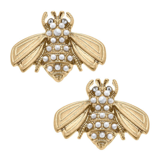 Jackie Pearl-Studded Bee Earrings in Worn Gold