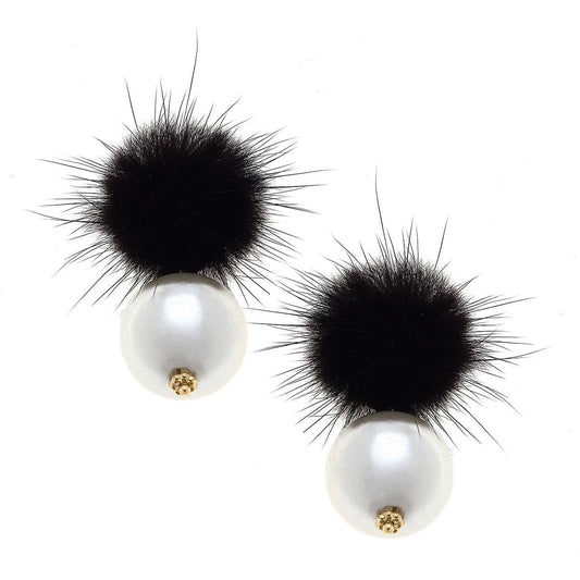 Aster Mink & Pearl Earrings - Black