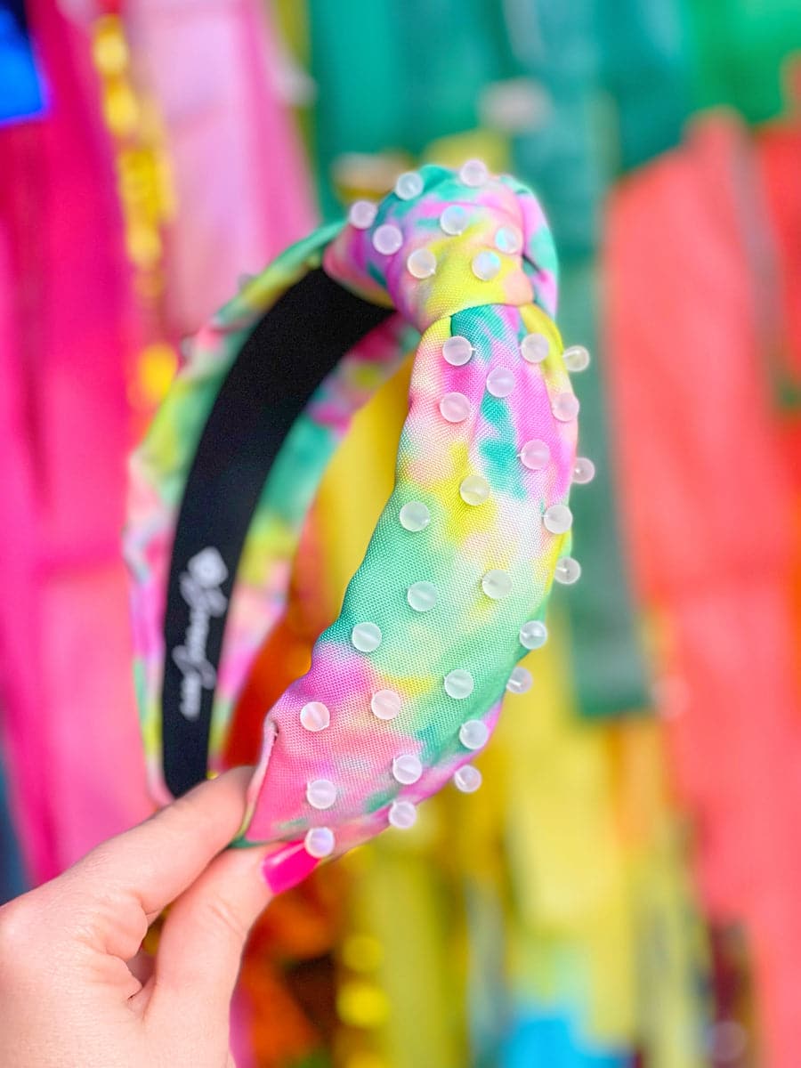 Pink and Green Tie Dye Headband with Moonstone Beads