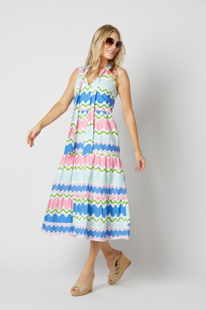 WAVE PRINT BOW FRONT MIDI DRESS