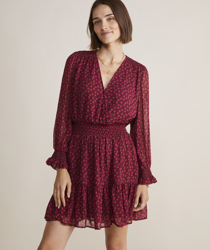 FLORAL SMOCKED WRAP DRESS - CRIMSON