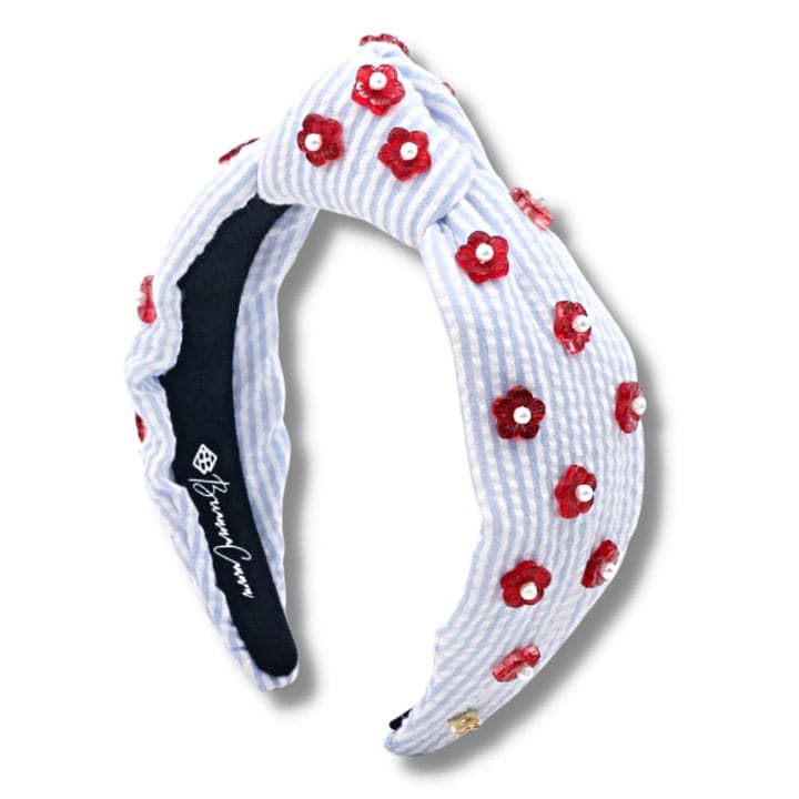 BLUE AND WHITE SEERSUCKER STRIPED HEADBAND WITH RED FLOWERS