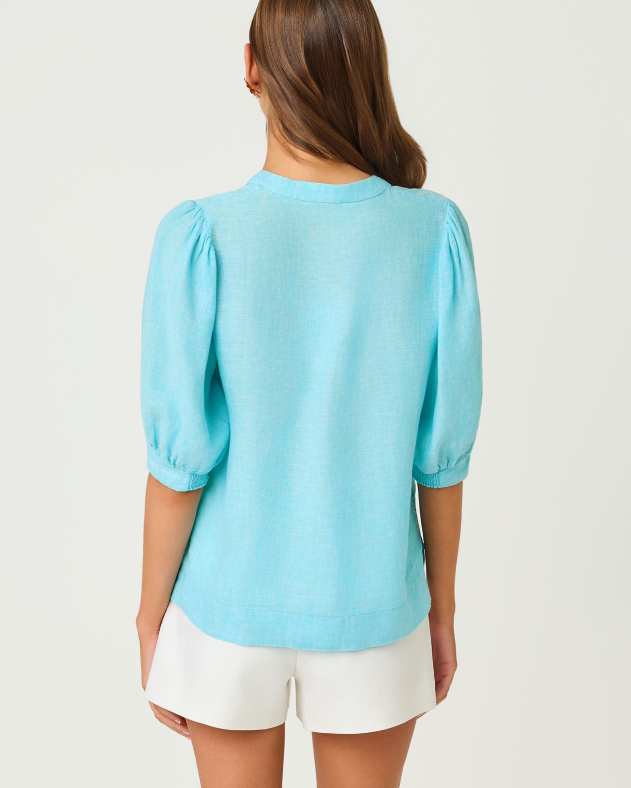 Mialeigh Elbow Sleeve Linen Top Capri Blue X Resort White