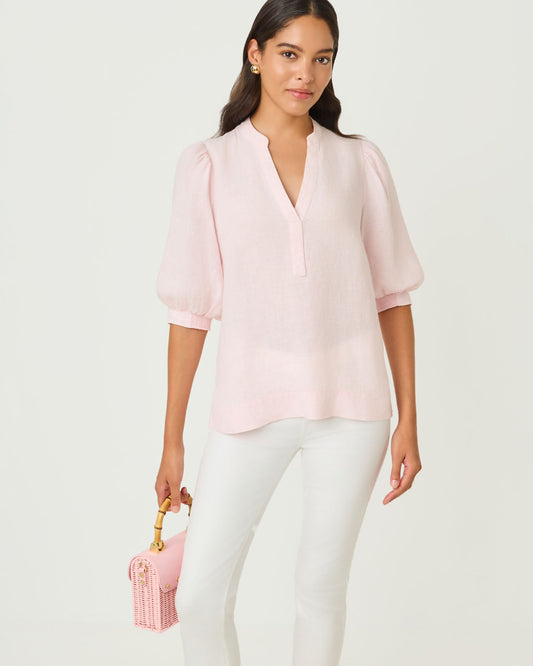 Mialeigh Elbow Sleeve Linen Top Pink Muse X Resort White